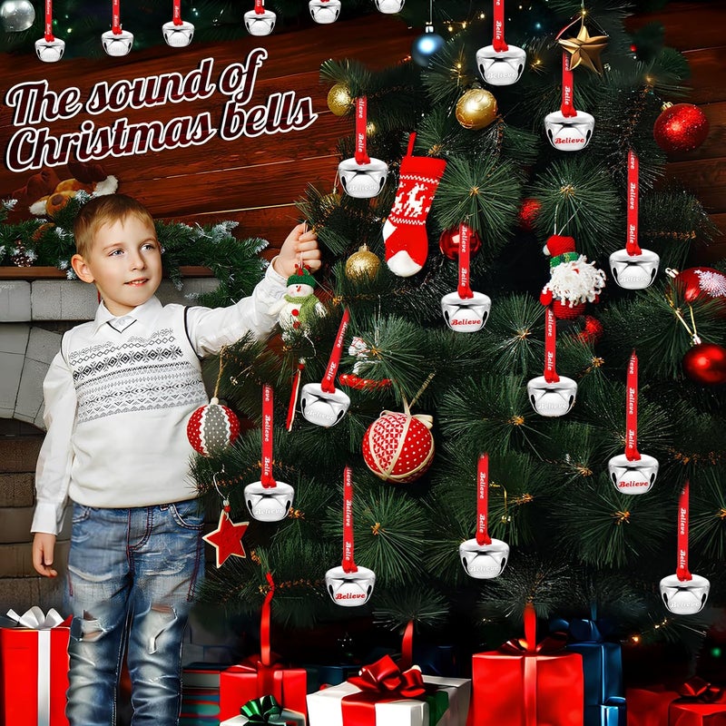 LUYI 12 Sets Christmas Bells Ornaments, Christmas Believe Bells Bulk Polar Express Decorations Xmas Party Gifts Favors Silver Sleigh Jingle Bells for Christmas Tree Home Decoration(1.6 Inch) - Image 5